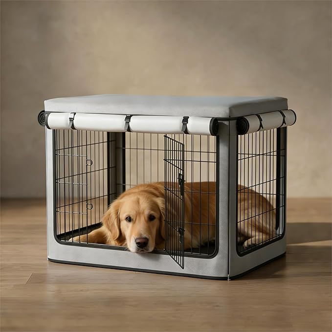Dog Crate Cover, Heavy Duty 1680D Waterproof Oxford Cloth with Breathable Mesh & Detachable Sunshade, Universal Fit for Wire Crates, All-Weather Indoor Outdoor Use (38-Inch)