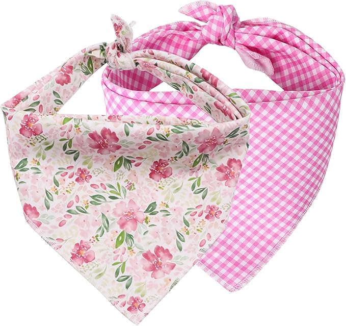 Lionet Paws Spring Dog Bandanas 2 Pack, Pink Washable Triangle Bibs Scarf Kerchief, Adjustable Flower Holiday Scarves for Small Medium Dogs
