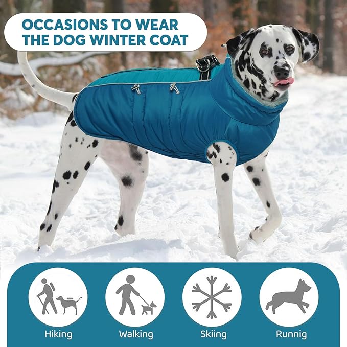 IDOMIK Warm Dog Coat with Harness, Waterproof Reflective Dog Jackets for Small Medium Large Dogs, Fleece High Collar Winter Jacket with Zipper, Pet Winter Snowsuit Clothes for Cold Weather,Blue M
