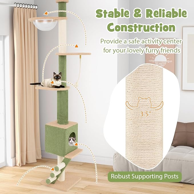 Tangkula Floor to Ceiling Cat Tree, 5 Tier Tall Cat Tower with 86”-99.5” Adjustable Height, Extra Replaceable Post, Tension Cat Tree with Space Capsule, Condo, Sisal Scratching Posts & Rope, Ladder
