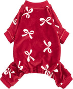 Fitwarm Bowknot Dog Pajamas, Warm Clothes for Small Dogs Girl, Fleece Pet Onesie with Feet, Burgundy Red, White, Small