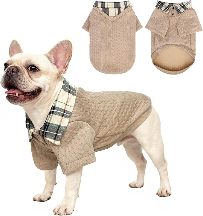 SCENEREAL Dog Sweaters for Small Medium Dogs, Pet Hoodie Sweatshirts Winter Knitted Pullovers with Fashion Shirt Collar, Puppy Clothes Cold Weather Coats, Beige SM
