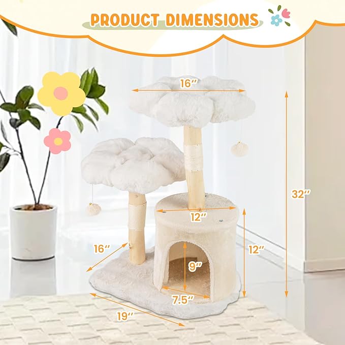 PETSITE 32 Inch Wood Cat Tree, Multi-Level Small Cute Cat Tree with Sisal Scratching Posts, Cat Condo, Soft Long Plush Covered Perches, and Dangling Balls