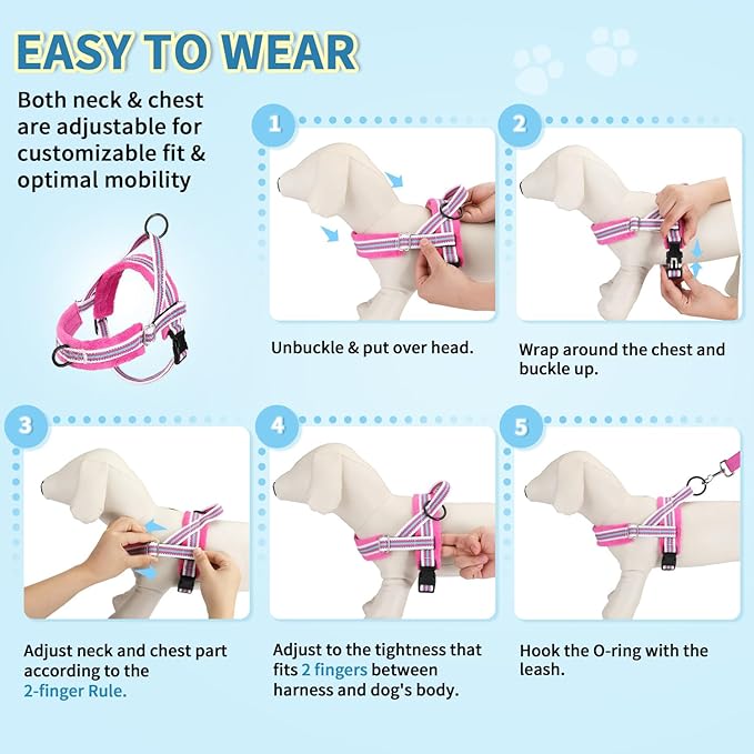 Lukovee No Pull Dog Harness and Leash Set, Soft Padded Small Dog Harness, Neck & Chest Adjustable Reflective Vest Puppy Harness with 4ft Lightweight Anti-Twist Dog Leash for Small Dogs (XS, Fuschia)