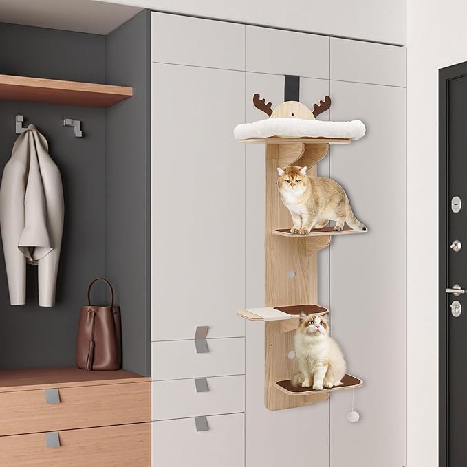 Door Hanging Cat Tree, 4 Tier Cat Tree Door Mounted Vertical Cat Climbing Scratching Frame Space-Saving Cats Shelf Multi Level Cats Ladder for Indoor 59" H X 9.8” W (with Cat Nest)