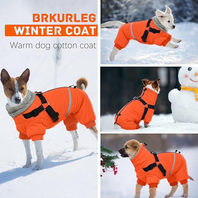 BRKURLEG Small Dog Winter Coat with Harness Built in, Orange Winter Dogs Jackets, Fullbody Dog Coat, Dogs Snowsuits Reflective Windproof Cold Weather Coats, Pet Warm Fleece Coats, S