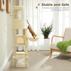 70.8" Tall Cat Tree for Indoor Cats Adult, 8-Levels Large Cat Tower with 8 Sisal Posts, 2 Hammocks, 2 Codons, Big Perch & 3 Pom Poms for Multi Cats Household– Plush Beige