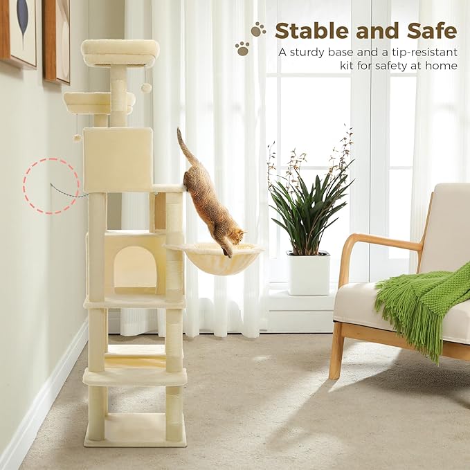 70.8" Tall Cat Tree for Indoor Cats Adult, 8-Levels Large Cat Tower with 8 Sisal Posts, 2 Hammocks, 2 Codons, Big Perch & 3 Pom Poms for Multi Cats Household– Plush Beige
