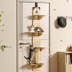 4-Tiers Door Hanging Cat Shelf, Vertical Door Mounted Cat Tree Over The Doors Cats Climber with Scratching Post Pads Tease Cats Ball 15LBS Load for Kittens Jumping & Playing(67FT) Wooden 170cm