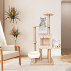 Modern Cat Tree Tower with Multiple Platforms, Cat House, Hemp Rope Scratching Post and Transparent Bed - Rustic Brown and White Design for Indoor Cats