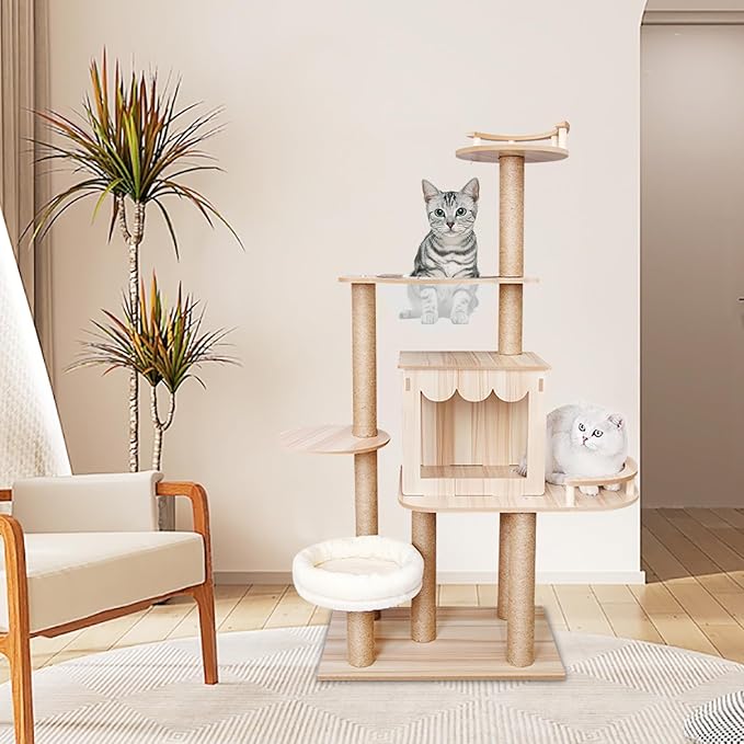 Modern Cat Tree Tower with Multiple Platforms, Cat House, Hemp Rope Scratching Post and Transparent Bed - Rustic Brown and White Design for Indoor Cats