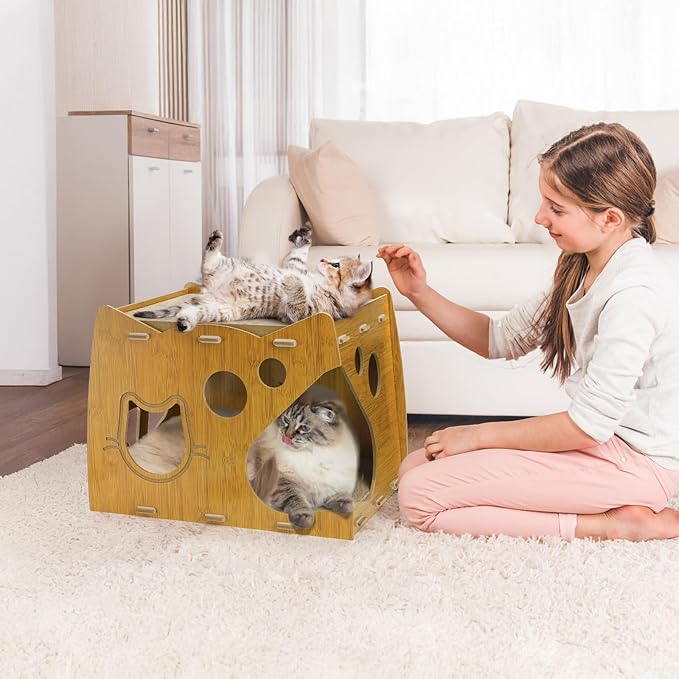 Cat Scratcher House, 2 in 1 Cat Cardboard House with 2 Scratching Pads, Sturdy Cat House Lounge for Indoor Cats to Rest and Hide, Maximum Load Capacity 66 Lbs