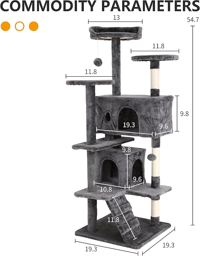 BLKMTY Cat Tree 54" Tall Cats Tower Large Cat Condo Climber Cats Climbing Stand with Top Perches Playhouse and Climbing Ladder Kitty Activity Tree w/Scratching Post Toys, Ashy