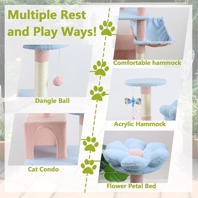 71 inch Flower Cat Tree, Multi-Level Cat Tower with Large Condo Removable Flower Cushion and Hammock, Tall Cat Tree for Indoor Large Cats Climbing, Scratching, and Play (Blue)