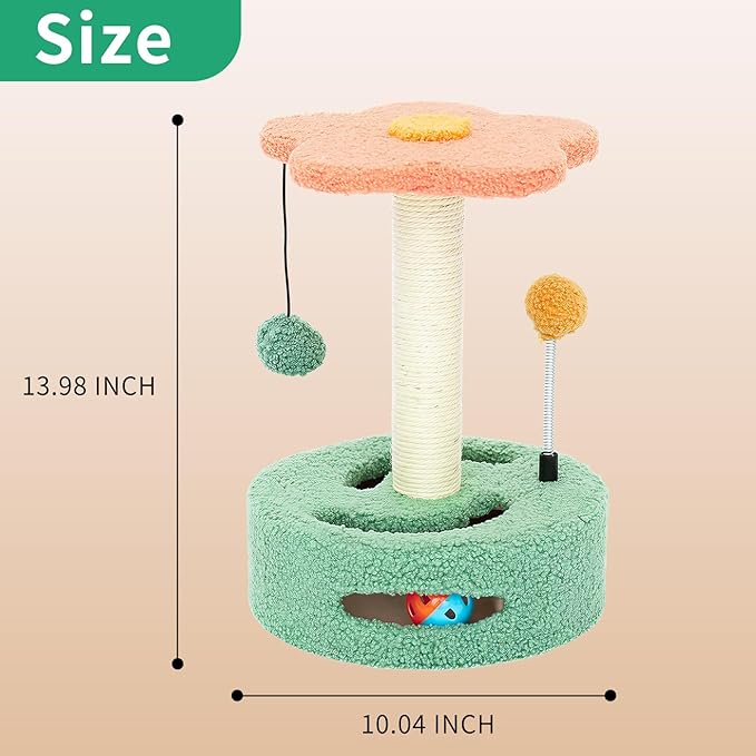 Cat Scratching Post 13.98" H, Flower-Shaped Small Cat Tree with Sisal Scratcher, Interactive Hanging Ball & Track Ball Toy, Easy Assembly Kitten Activity Center for Indoor Cats, Protect Furniture