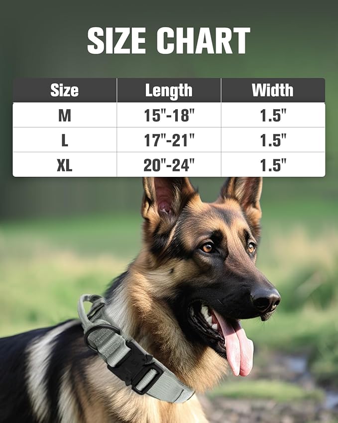 Joytale Tactical Dog Collar with Handle and Metal Buckle, Heavy Duty Padded Military Collar with 2 Patches for Training, Adjustable for XLarge Dogs, Gray, XL