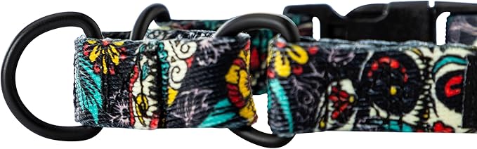 Wolfgang Heavy Duty Martingale Dog Collar with Quick Release Nylon Buckle for Walking & Training, LosMuertos Print, Small