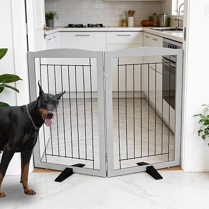 Dog Fence Indoor,Dog Gate Indoor for Doorway pet gate -2-Panel Freestanding, Hallways, House or Stairs -40x32-Inch Retractable Foldable Expandable Wood Pet by SFJC (Grey) ﻿