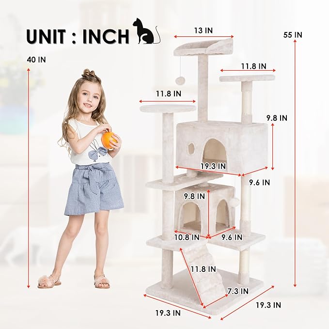 Cat Tree 53 inches Cat Tower for Indoor Cats Cat House with Replaceable and Removable Dangling Ball Cat Trees and Towers with Funny Toys, Beige