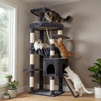 Heybly Heavy Duty Cat Tree, 64.2-Inch Tall Tower for Large Indoor Cats with Widened Structure, Cat Furniture with Big Platforms, Extra-Large Hammock, Sisal Scratching Posts & Board, Smoky Gray HCT027G