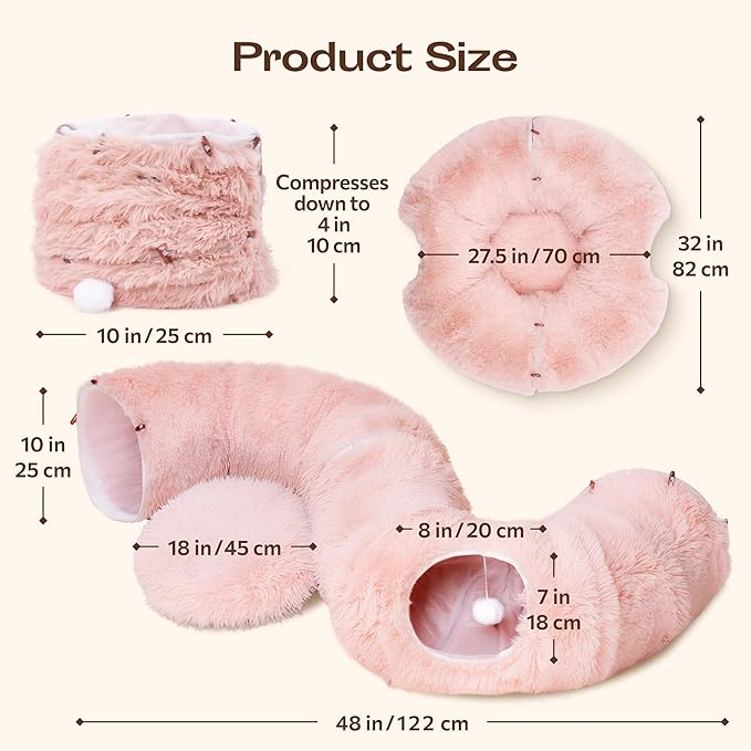 Meowfia Indoor Cat Tunnel with Donut Bed - Large Flexible Play Space for Multiple Pets - Circle or Snake Shape, Cozy Lounge (Pink)