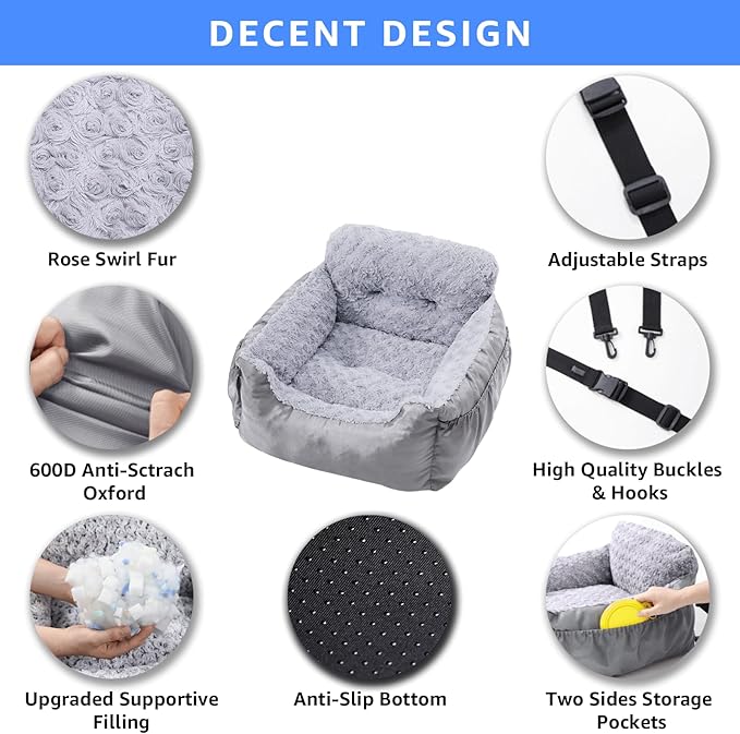 Dog Car Seat for Small Dogs, Washable Pet Booster Seats with Clip-On Safety Leash, Comfy Deluxe Plush Carseat with Pockets, Puppy Car Travel Carrier Bed for Dogs Under 25 lbs, Light Grey