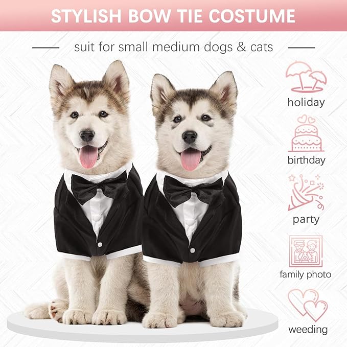 Kuoser Dog Tuxedo, Formal Dog Costume with Bow Tie Pet Wedding Suit Party Birthday Outfit, Dogs Tux Soft Shirt for Valentines Christmas Halloween Graduation Cosplay, Black 3XL