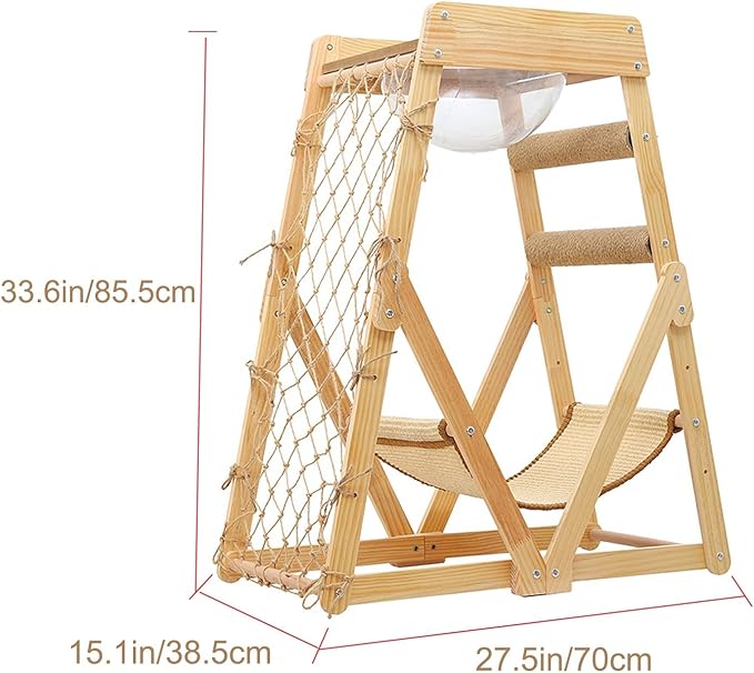Wooden Cat Tree, Cat Tree House, Triangle Design with Cat Hammock & Sisal Scratch Post & Feather Toys, Solid Wood Cat Tower (Size : Upgraded Model)