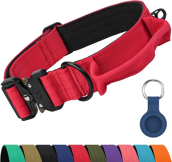 Joytale Tactical Dog Collar for X-Large Dogs with Control Handle, Heavy Duty Military Training Collar for Power Breeds, AirTag Holder Case, Quick Release Metal Buckle, Soft Padded, XL, Red