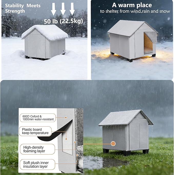 Outdoor Dog House, Elevated Foldable Dog Cave Bed with Removable Plush Mat for Medium Dogs Up to 23.6 Inches Long