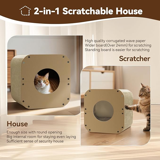 Cat Scratcher House, Cozy Cardboard Design, Safe and Secure for Kittens, Eco-Friendly,Plain Board (Square)