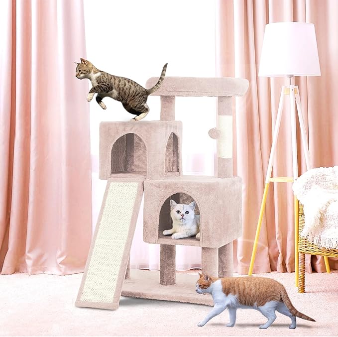36 inches Cat Tower,Cat Tree for Indoor Cats with Scratching Posts Multi-Level Cat House with Ramp,Double Condos,Spacious Perch,Scratching Sisal Post and Dangling Balls for Kittens,Beige
