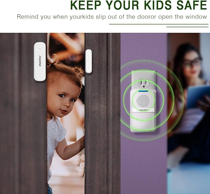 Door Chime,Wireless 600Ft Range 5 Adjustable Volume 1 Magnetic Door Open Contact Sensor with 62 Chimes Mute Mode Door Bell Plugin Receiver for Home/Office/Store White (1 Receiver + 1 Sensor)