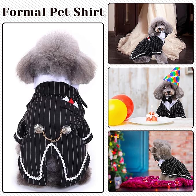 DENTRUN Dog Tuxedo Suit with Bow Tie - Formal Black & White Striped Pet Costume Shirt, Elegant Wedding Outfit Birthday Party Attire for Siberian Husky Border Collie Large Dogs, XL