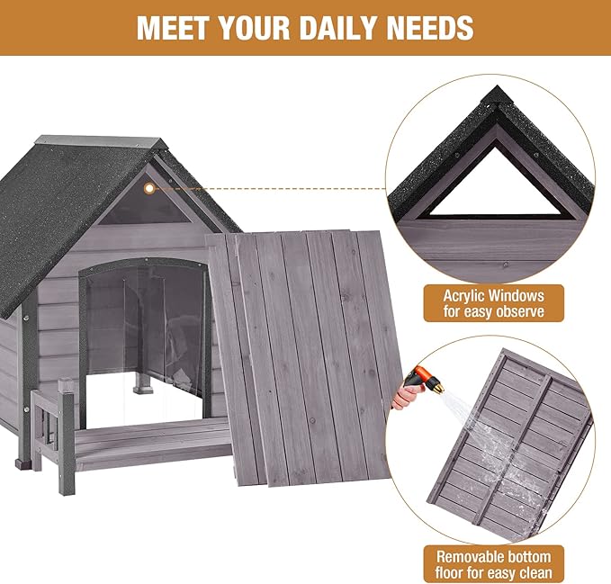 Dog House with Anti-Bite Metal Iron Frame Outdoor Wooden Dog Kennel Indoor Puppy Shelter for Small Medium Large Dogs Weatherproof(Grey)