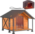 Heated Dog House Outdoor Dog Kennel with Insulation Liner for Winter 34" Waterproof Dog Cage for Small & Medium Dogs,Unique All-Around Iron Frame