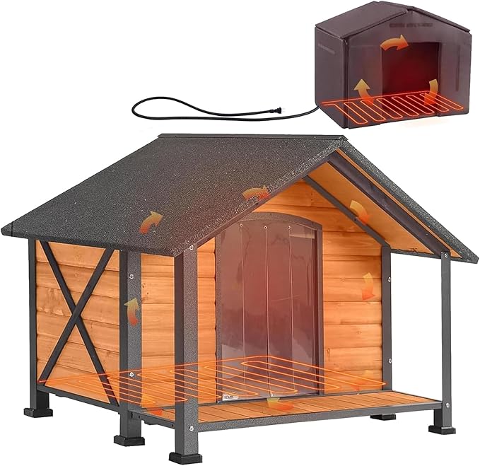 Heated Dog House Outdoor Dog Kennel with Insulation Liner for Winter 34" Waterproof Dog Cage for Small & Medium Dogs,Unique All-Around Iron Frame