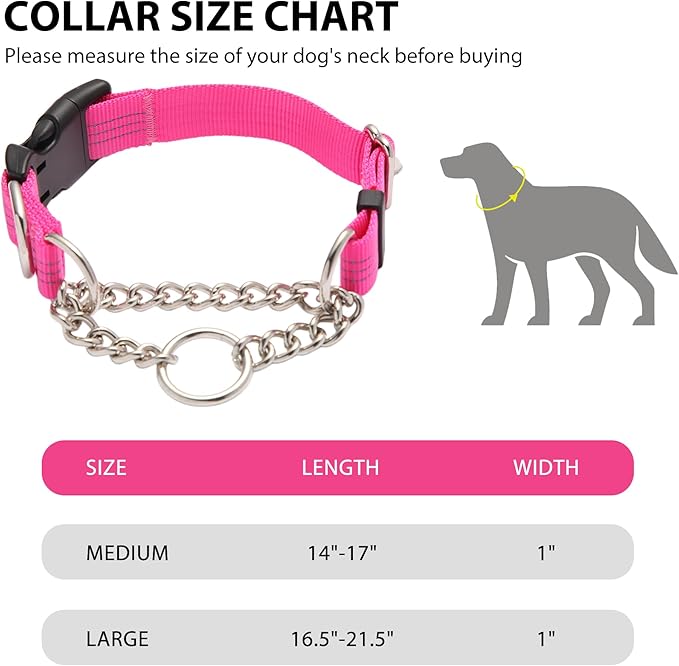 Martingale Dog Collar with Quick Release Buckle Steel Chain No Pull Training Reflective Collar for Medium Large Dogs(Pink, Medium)