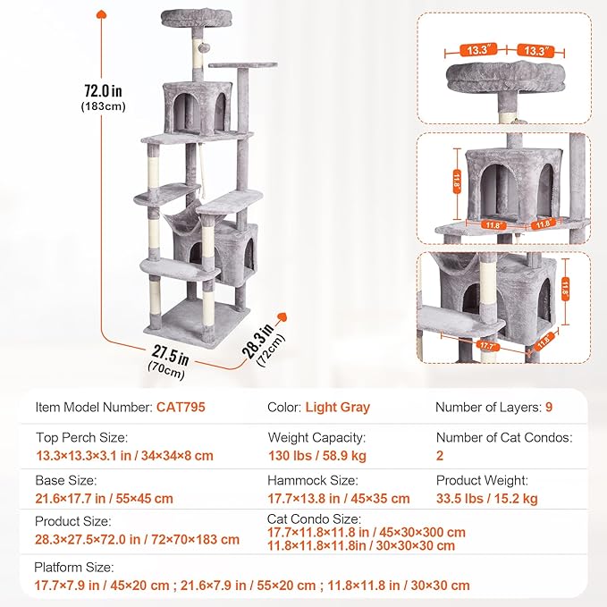 Happybuy Cat Tree for Indoor Cats, 72" Cat Tower with 2 Cat Condos, Sisal Scratching Post, Hammock, Top Perch, Jumping Platforms, Large Cat Furniture Activity Center with Hang Ball, Light Grey