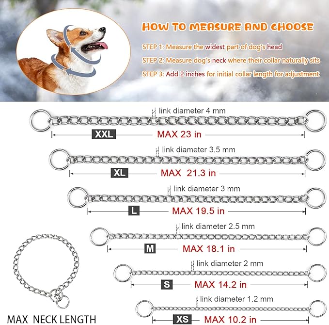TagME Chain Choke Collar for Dogs, Adjustable Weather Proof Necklace for Small and Puppy Dogs, Alloy Steel Pet Training Collar
