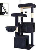 Globlazer Cat Tree Tower with Scratching Post for Indoor Cats, 55inch Tall Plush Multi-Level Cat Climbing Tower Condo House with Hanging Basket, 2 Spacious Cat Cave, F55, Beige (Dark Gray)