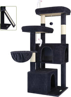 Globlazer Cat Tree Tower with Scratching Post for Indoor Cats, 55inch Tall Plush Multi-Level Cat Climbing Tower Condo House with Hanging Basket, 2 Spacious Cat Cave, F55, Beige (Dark Gray)