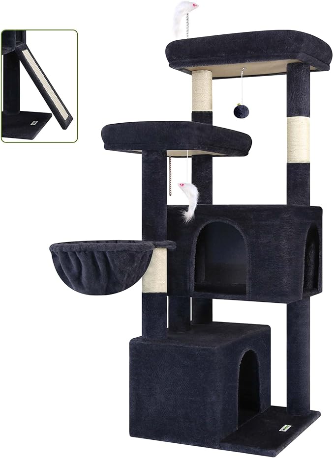 Globlazer Cat Tree Tower with Scratching Post for Indoor Cats, 55inch Tall Plush Multi-Level Cat Climbing Tower Condo House with Hanging Basket, 2 Spacious Cat Cave, F55, Beige (Dark Gray)