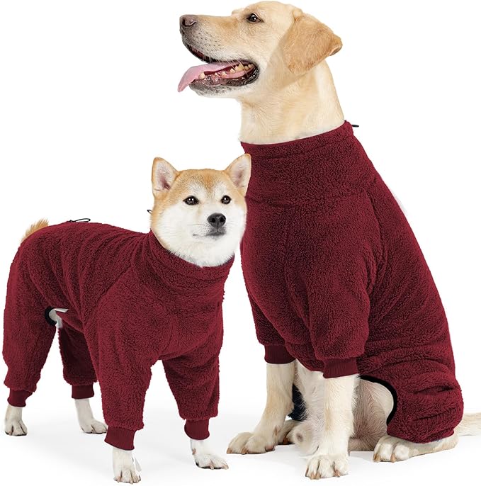 Dog Winter Coat, Warm Fleece Dog Jacket, Windproof Pullover Jumpsuit, Full Body Pajamas Onesie, Cold Weather Clothes for Medium Large Dog(2XL,Red)