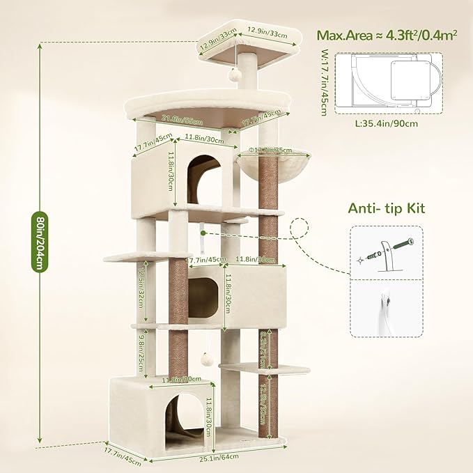 Globlazer Extra Large Cat Tree Tower for Indoor Cats Large Adult, 80in Tall Heavy Duty Cat Tree with 3 Spacious Cat Condos, Oversized Fan-Shaped Perch, 6 Full Sisal Scratching Posts, S80, Beige