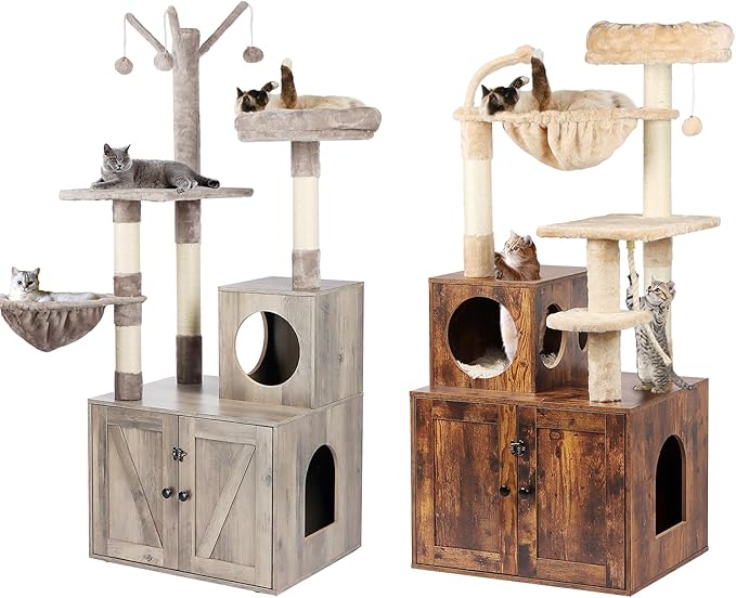 Two Cat Tree with Litter Box Enclosure Bundle, 2-in-1 Cat Tower for Indoor Cats, Large Cat Furniture, Wood Cat Condo
