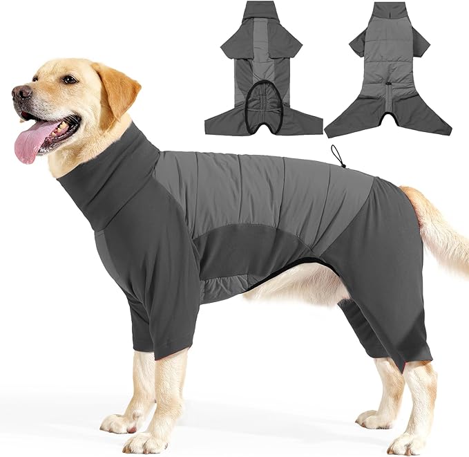 BRKURLEG Full Body Dog Winter Coat Warm Fleece Pullover Pajamas, Four Legs Covered Windproof Dog Jacket for Small to Large Dogs, Turtleneck Dogs Snowsuit, Pet Cold Weather Clothes, Grey XXXL