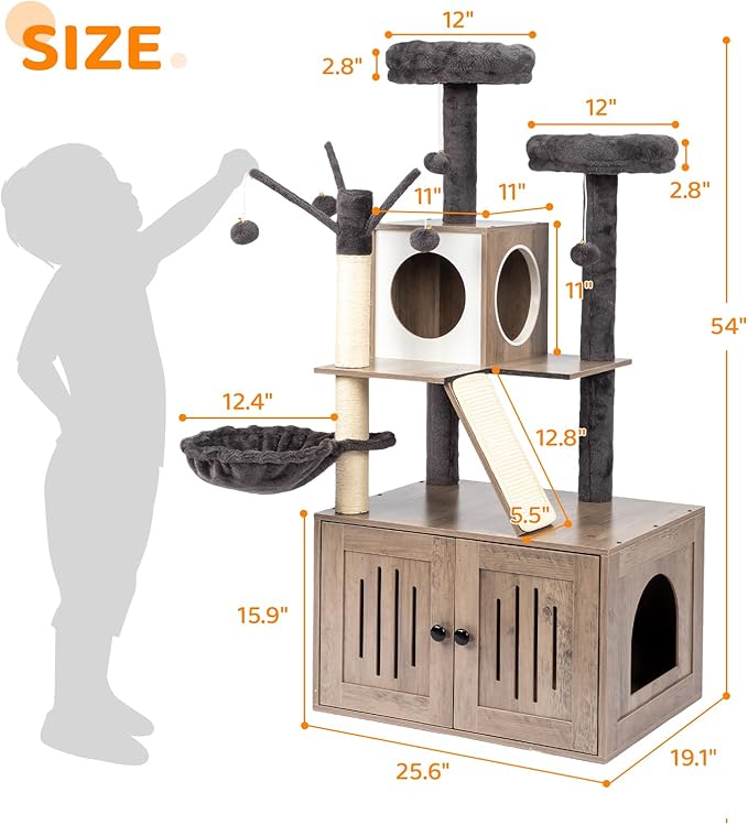 VINGLI Cat Tree Tower with Litter Box, 54" H All-in-1 Wooden Cats Condo, Cat Tower wih Scratching Posts, Houses for Indoor Kittens Hidden Cat Washroom Furniture, Gray (Large-54 H)