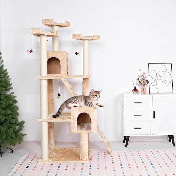 Extra Large Platform Cat Tree 69in Sturdy Cat Scratching Tree for Indoor Cats Large Adult Big Cat Perch Tower with 3 Padded Perches 5 Scratching Posts Cat Condo Hammock Beige