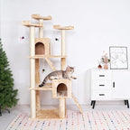 Extra Large Platform Cat Tree 69in Sturdy Cat Scratching Tree for Indoor Cats Large Adult Big Cat Perch Tower with 3 Padded Perches 5 Scratching Posts Cat Condo Hammock Beige